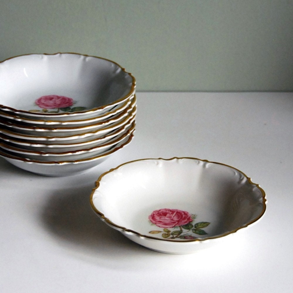 Vintage Fruit Bowl, Dessert Bowl, Hutschenreuther Dundee Rose China Red White