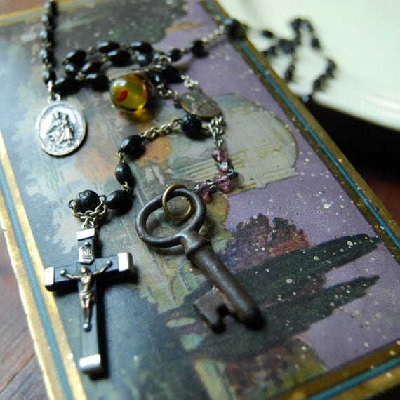 Vintage Rosary Button Necklace Key to the Kingdom Recycled Rosary Beads Jewelry
