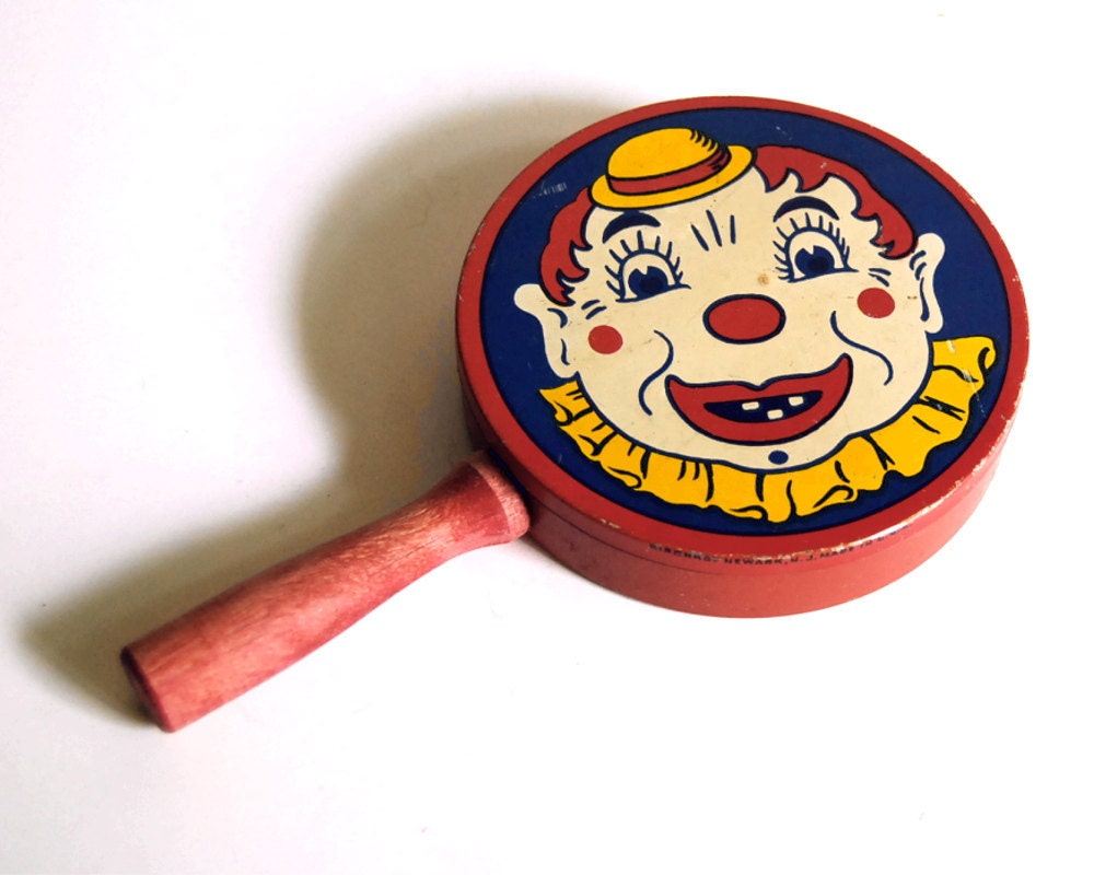 Vintage Noisemaker Kirchhof Tin Clown Toy, LIfe of the Party