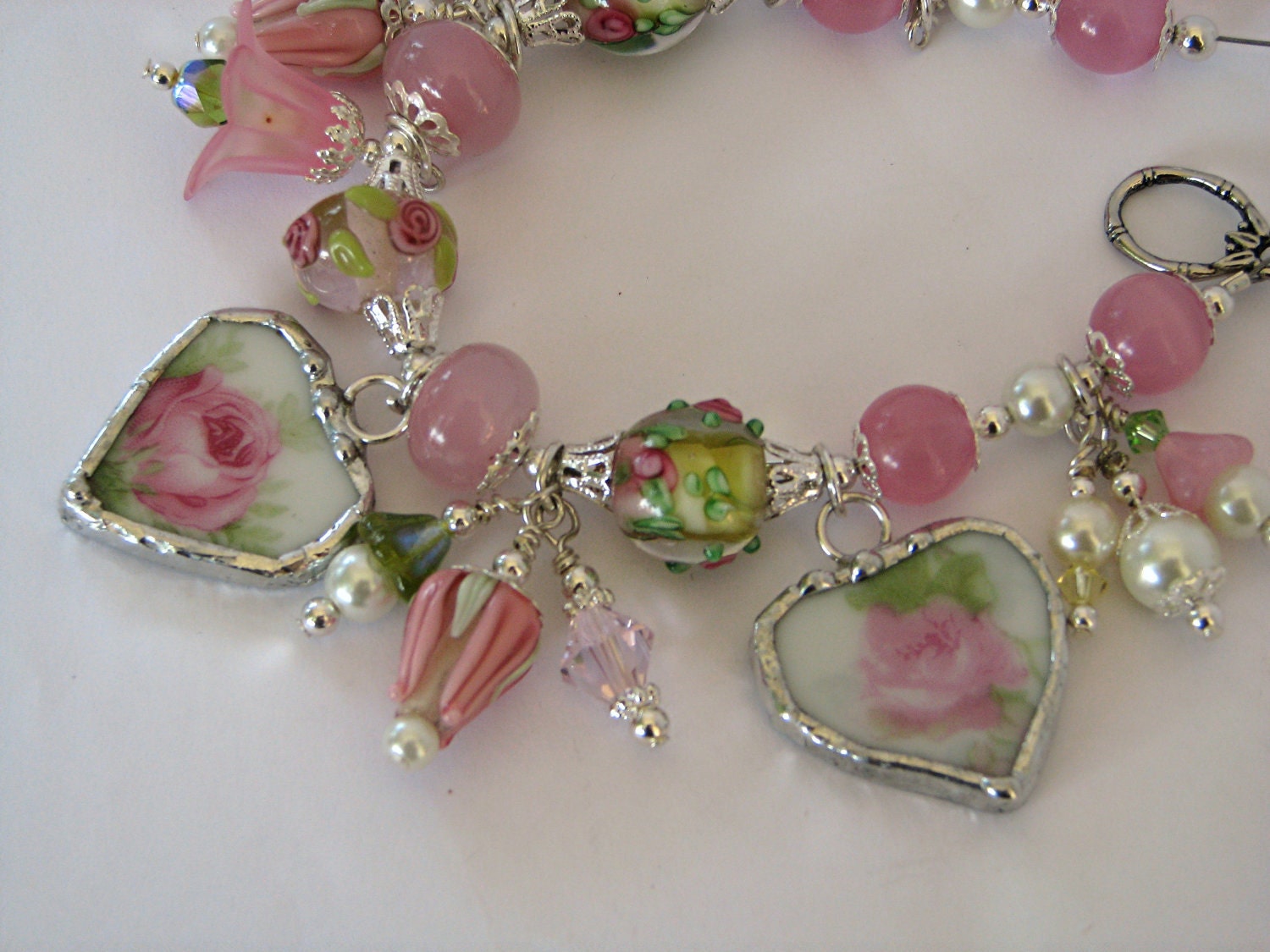 Broken China Bracelet - Charm Bracelet - Handmade Vintage China Bracelet - Pink Rose Bracelet
