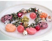 Charm Bracelet Rustic Stoneware Honeysuckle Pink & Orange in Antique Brass Cute Little Bee