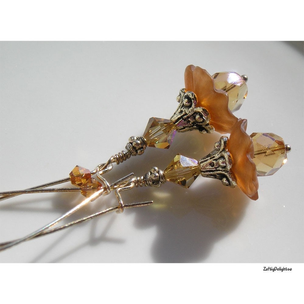Topaz Flower Earrings, Czech Glass, Swarovski Crystals, Sterling Silver