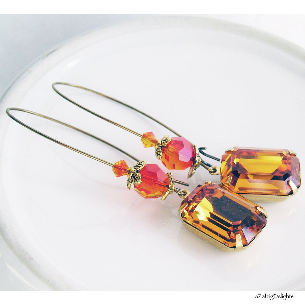 Rhinestone Earrings Vintage Swarovski, Bridesmaid, Topaz Antique Brass Faceted Emerald Cut
