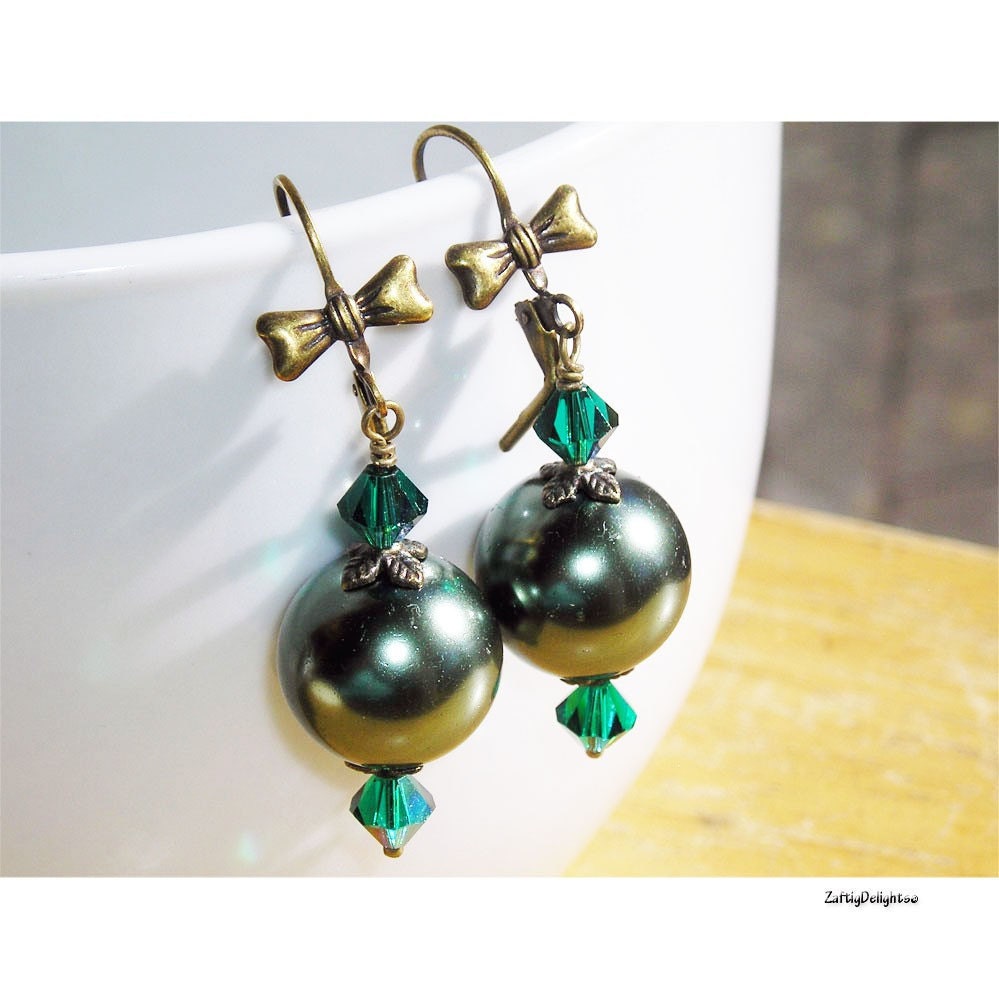 Earrings Extra Large Glass Pearls Forrest Green Swarovski Crystals Antique Brass