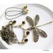 Necklace Earring Set, Dragonfly Amber Topaz Rhinestones Antique Brass