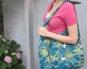 Shoulder Market Bag Japanese Asian Fabric Birds and Bamboo Design