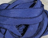 Navy Blue Silk Ribbons Hand Dyed Sewn 5 Strings Indigo Dark