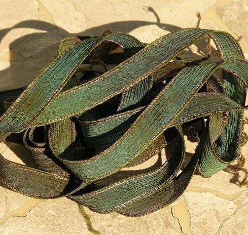 Mysterious Water Silk Ribbons Hand Dyed 5 Strings Deep Greens Aqua Brown