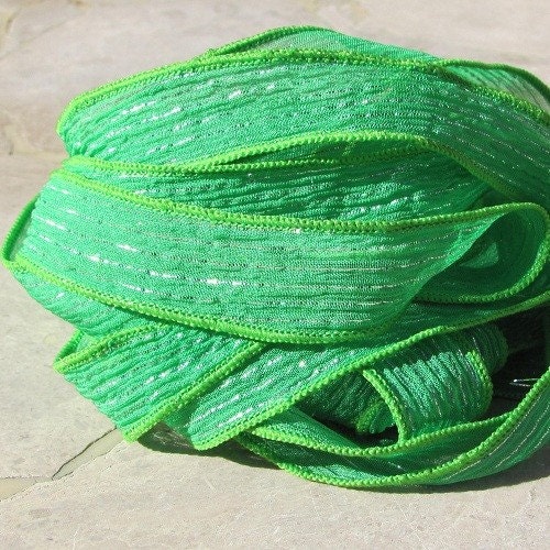 Green Fizz Silk Ribbons Strings Spring Green 5 Hand Dyed Sewn Silk With Metallic Silver
