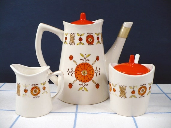 Vintage Ceramic Tea Coffee Serving Set Orange Retro Floral Flowers Brinn's Japan