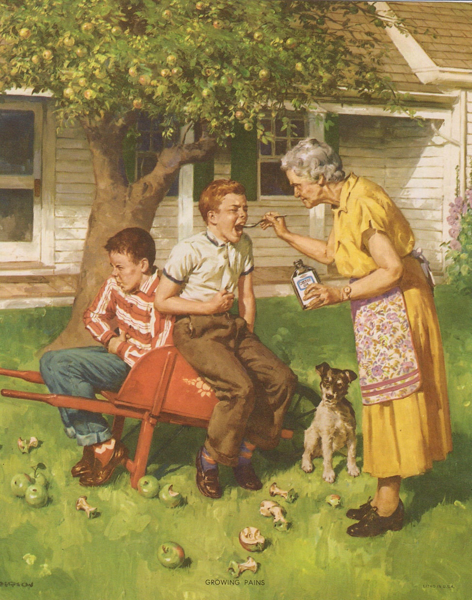 Vintage Boys Getting Castor Oil Color Lithograph Print - Calendar Top Salesman Sample 8x10