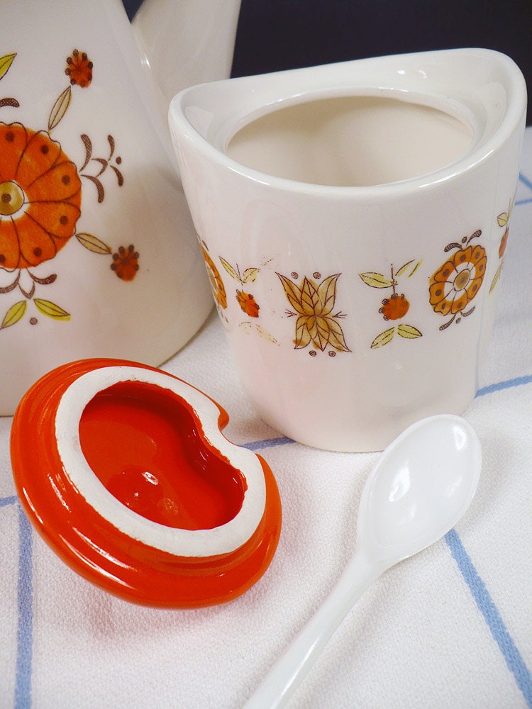Vintage Ceramic Tea Coffee Serving Set Orange Retro Floral Flowers Brinn's Japan