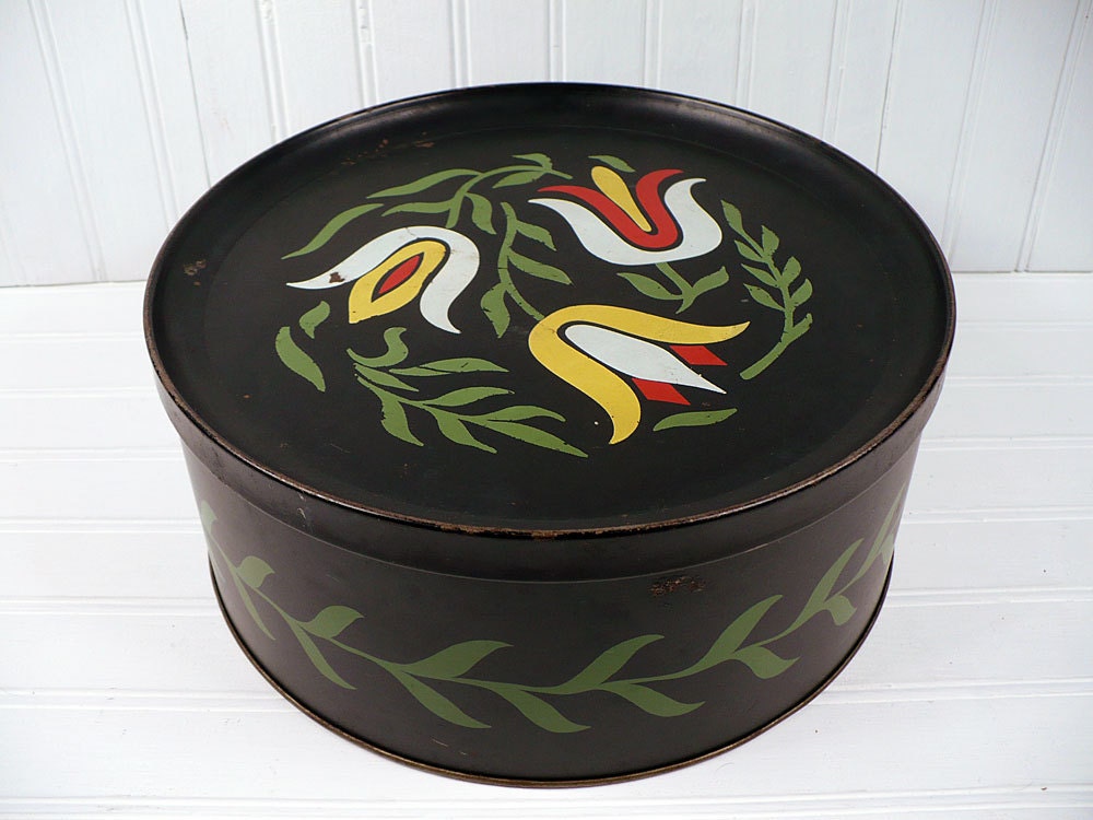 Vintage Guildcraft Tin - Black Toleware Flowers And Vines Design