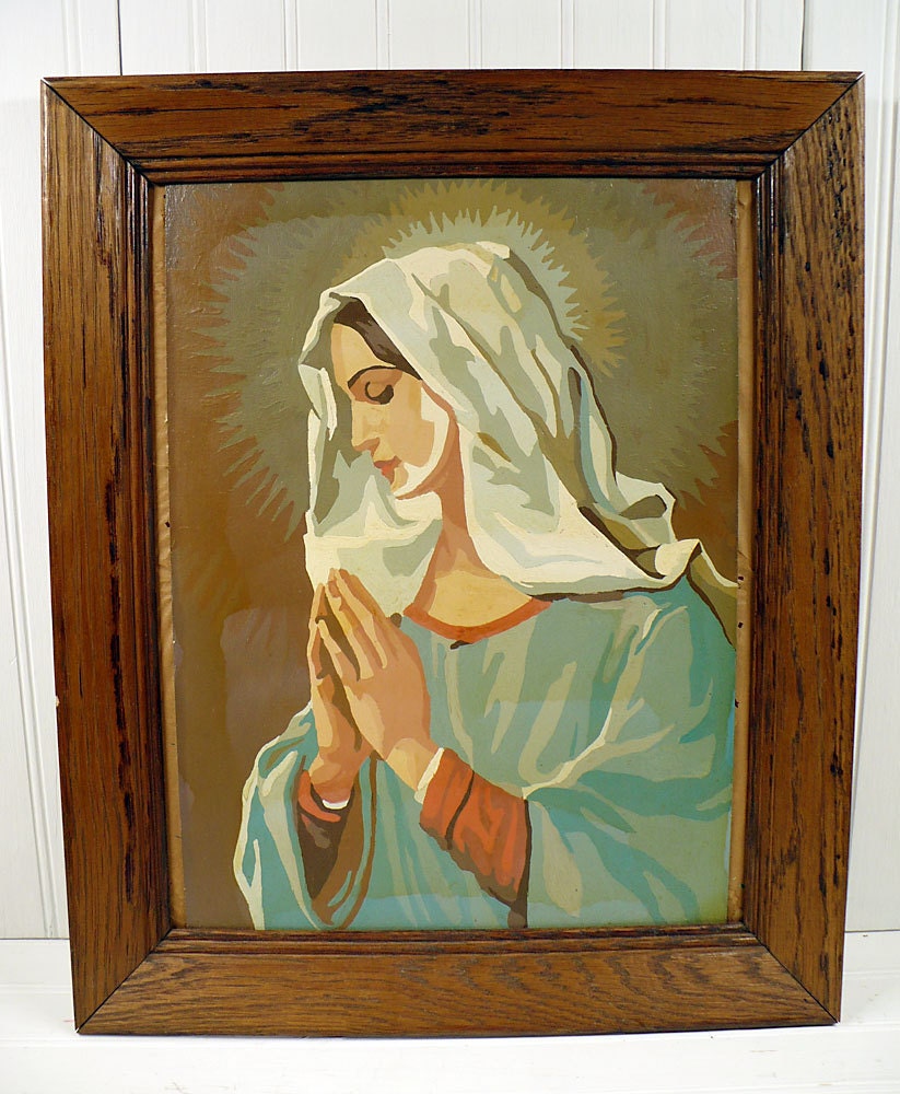 Vintage Paint By Number Painting Virgin Mary Wood Framed Religious