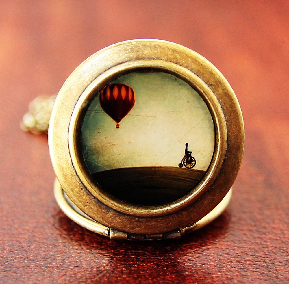 Penny Farthing - Whimsical Hot Air Balloon Art Locket Necklace - HeartworksByLori