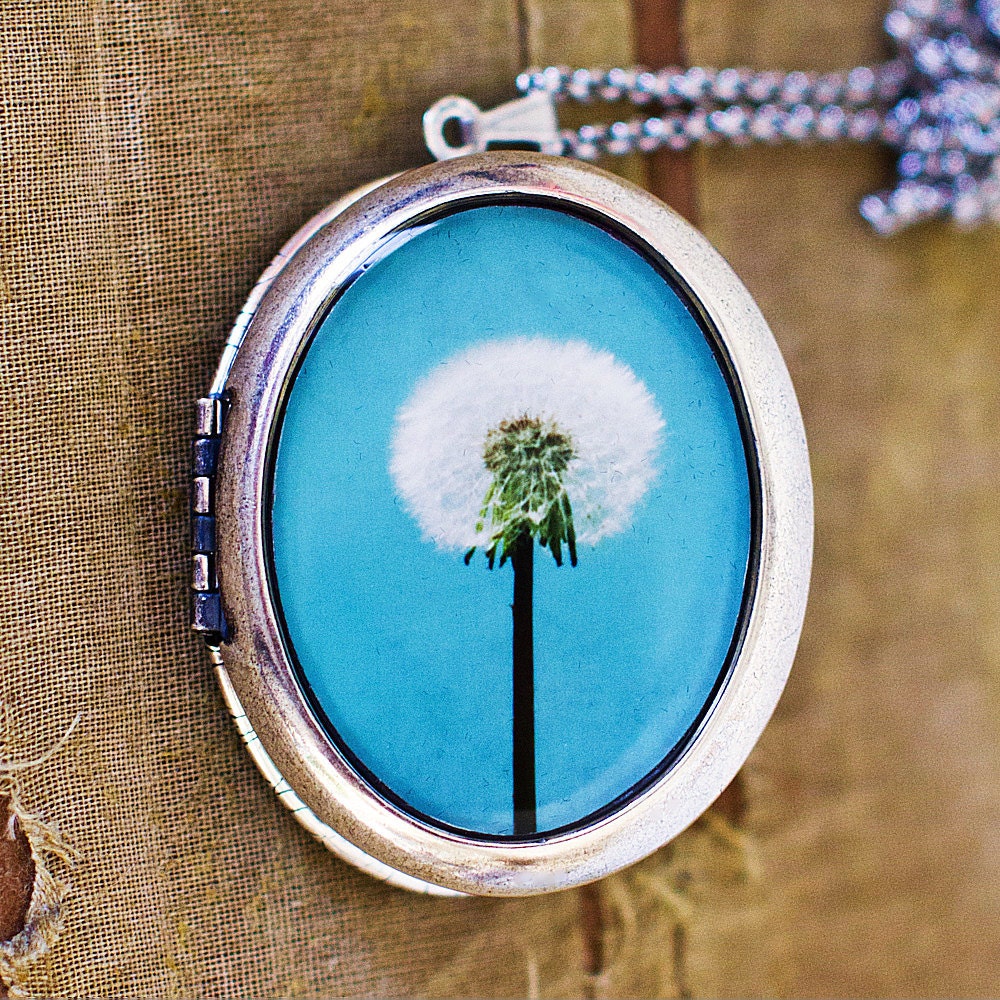 I Wish For A Blue Sky - Grande Photo Locket Necklace - Silver Edition - Dandelion Flower with Turquoise Sky