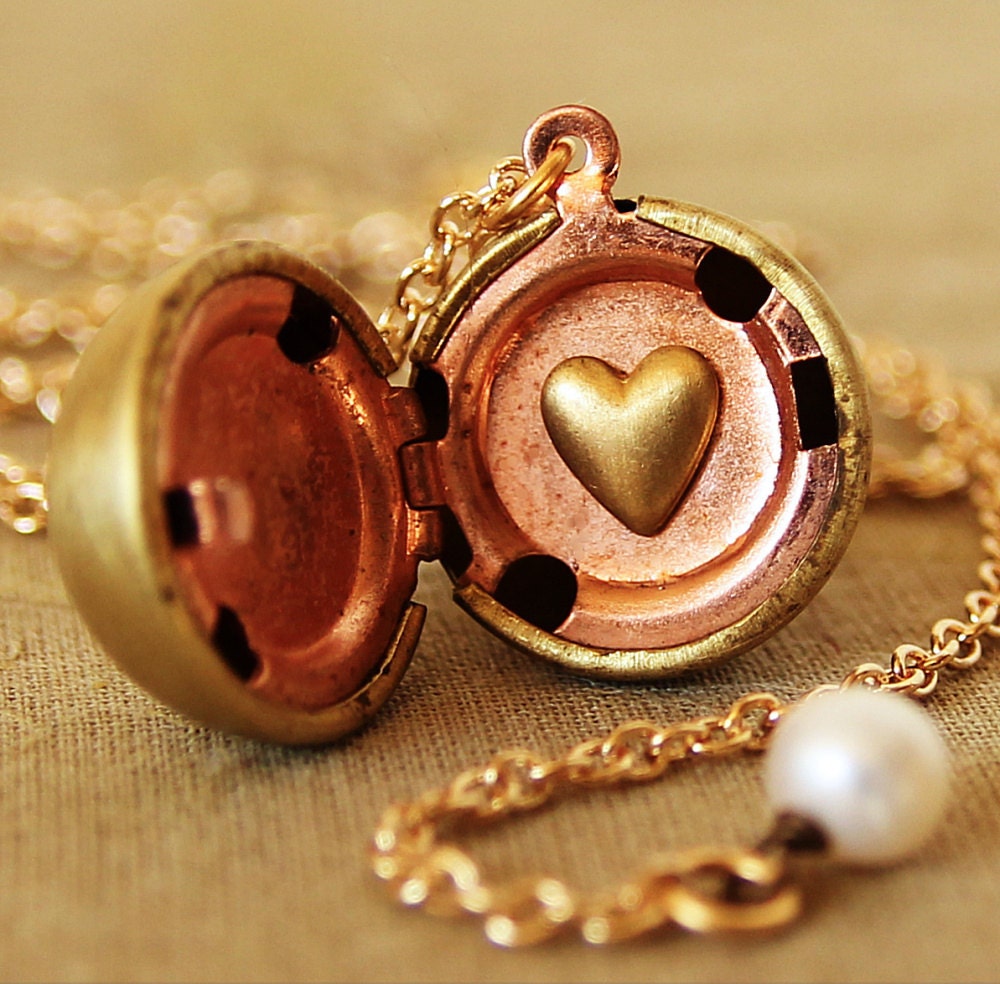 From The Heart - Vintage Ball Locket Necklace - with Secret Love Heart Inside and Pearl accent