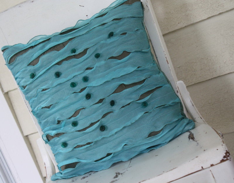 Upcycled Shabby Cottage Chic Teal Accent Pillow