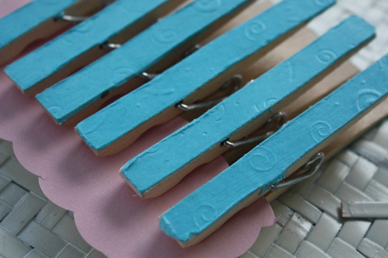 Set of 6 Shabby Cottage Chic Teal ClothesPin Clips