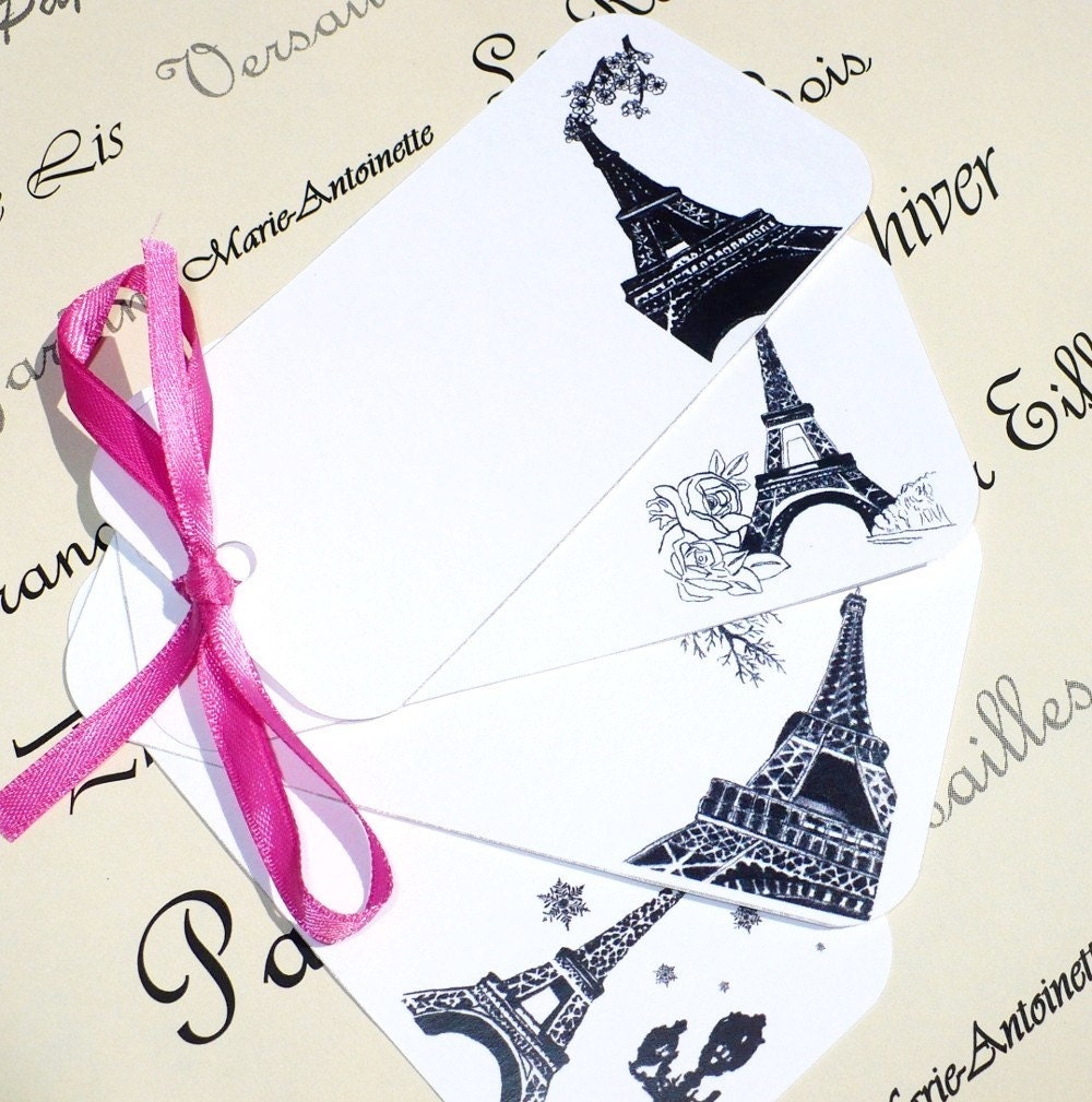 Paris Gift Tags for Wedding Favors Eiffel Tower in Four Seasons Escort Place Cards Personalized Custom Roses Bridal Shower Baby Hostess Gift