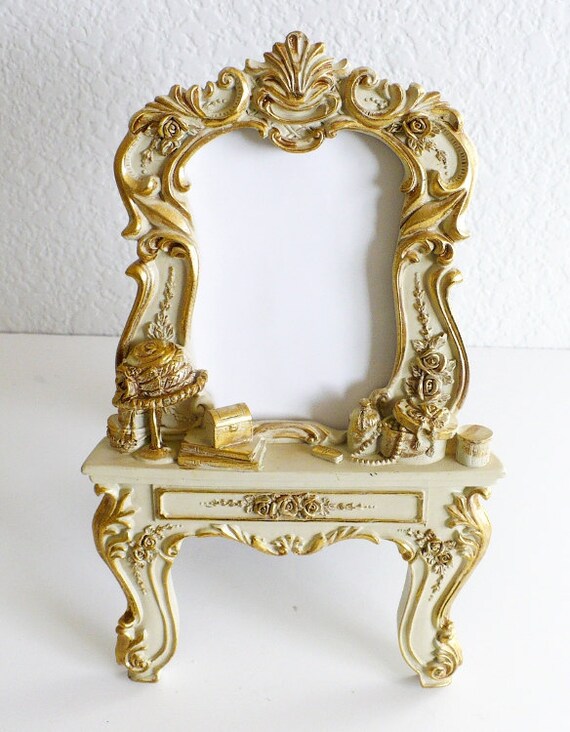 Baroque Picture Frame -Vanity Table Hollywood Regency Style Unique Rare Ornate Decorative Shabby Chic Roses Gold Cream Hat Boxes Jewelry Perfume Bottles Books Whimsical  Paris French Chic Parisian Apartment Decor