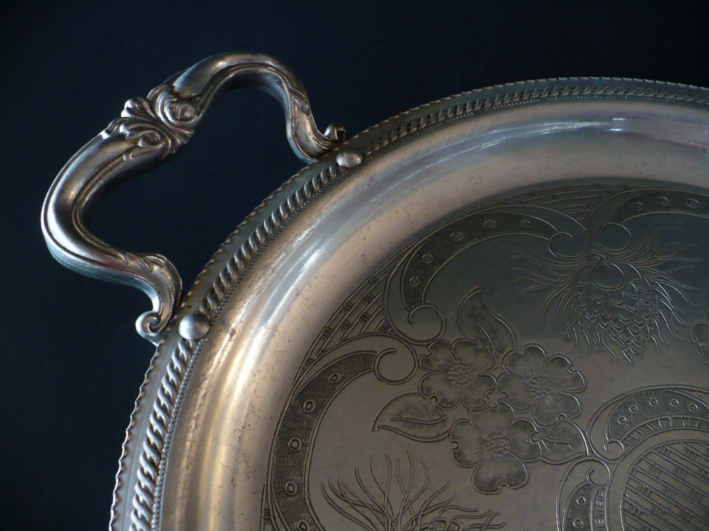 Vintage Ornate Serving Tray with Handles Aluminum Silver Round Tray French Country Shabby Chic Alfresco Summer Entertaining Serveware