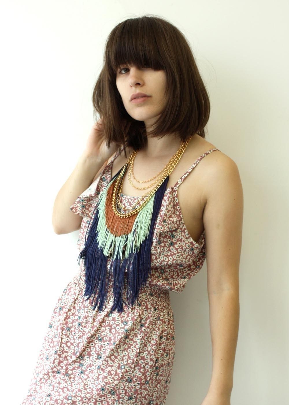 Three Layer Fringe Necklace - Navy, Celery, Copper