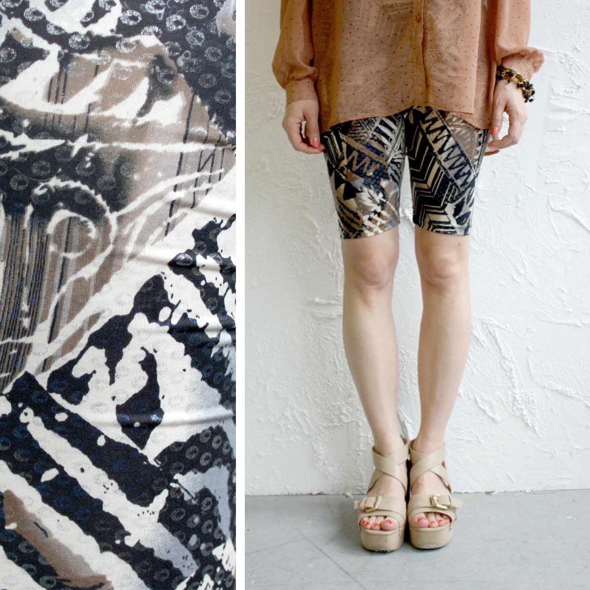 Bike Shorts - Navy and Taupe Geometric Pattern - XS, S, M or L