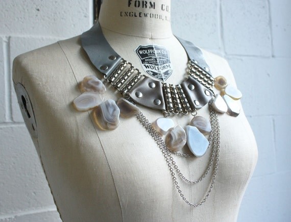 Battle Necklace - Taupe Leather, Grey Leather and Grey Agate
