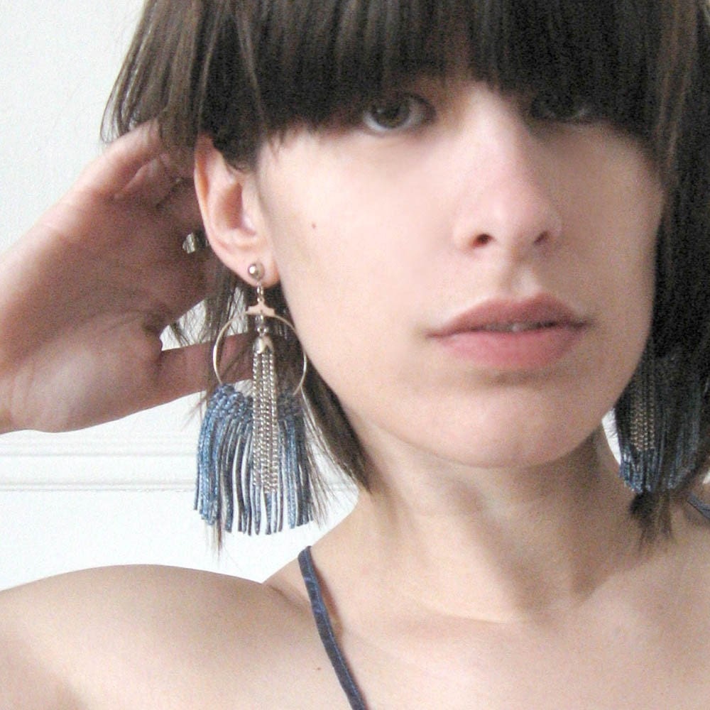 Fringe Earrings - Short - Denim and Silver
