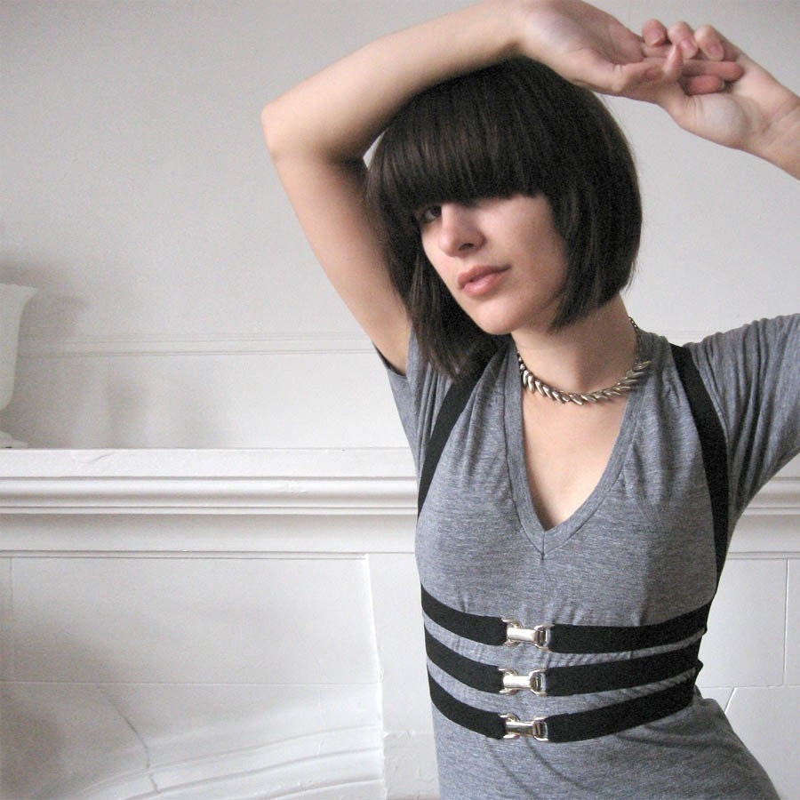 Elastic Harness - Black with silver buckles - S/M