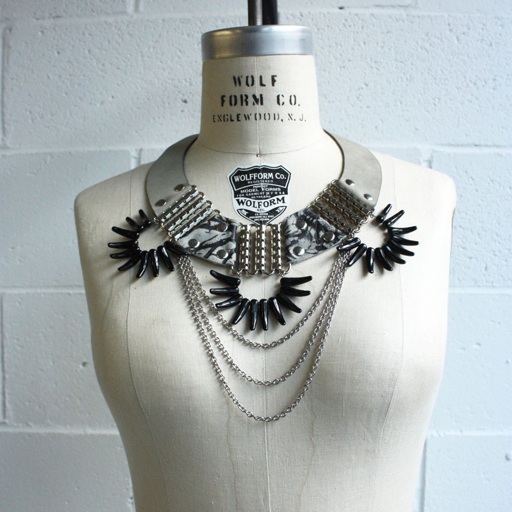 Battle Necklace - Grey Leather, Marbled Leather, Chain and Glass Spikes