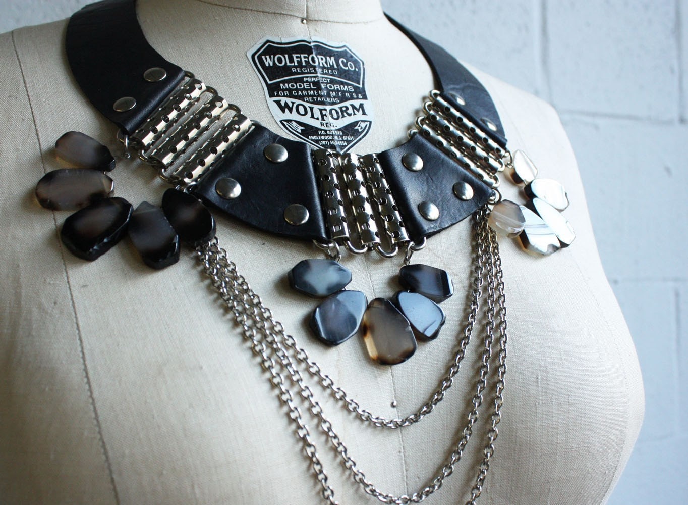 Black Leather and Grey Agate - "Battle" Necklace - RESERVED for lizpesnel