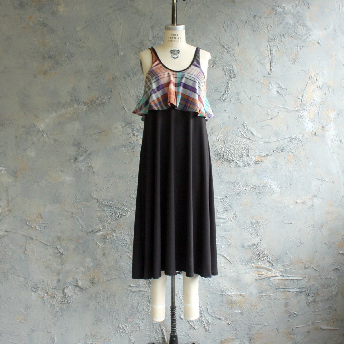Layered Tank Dress in Black Bamboo Jersey and Plaid Chiffon - LAST ONE - M