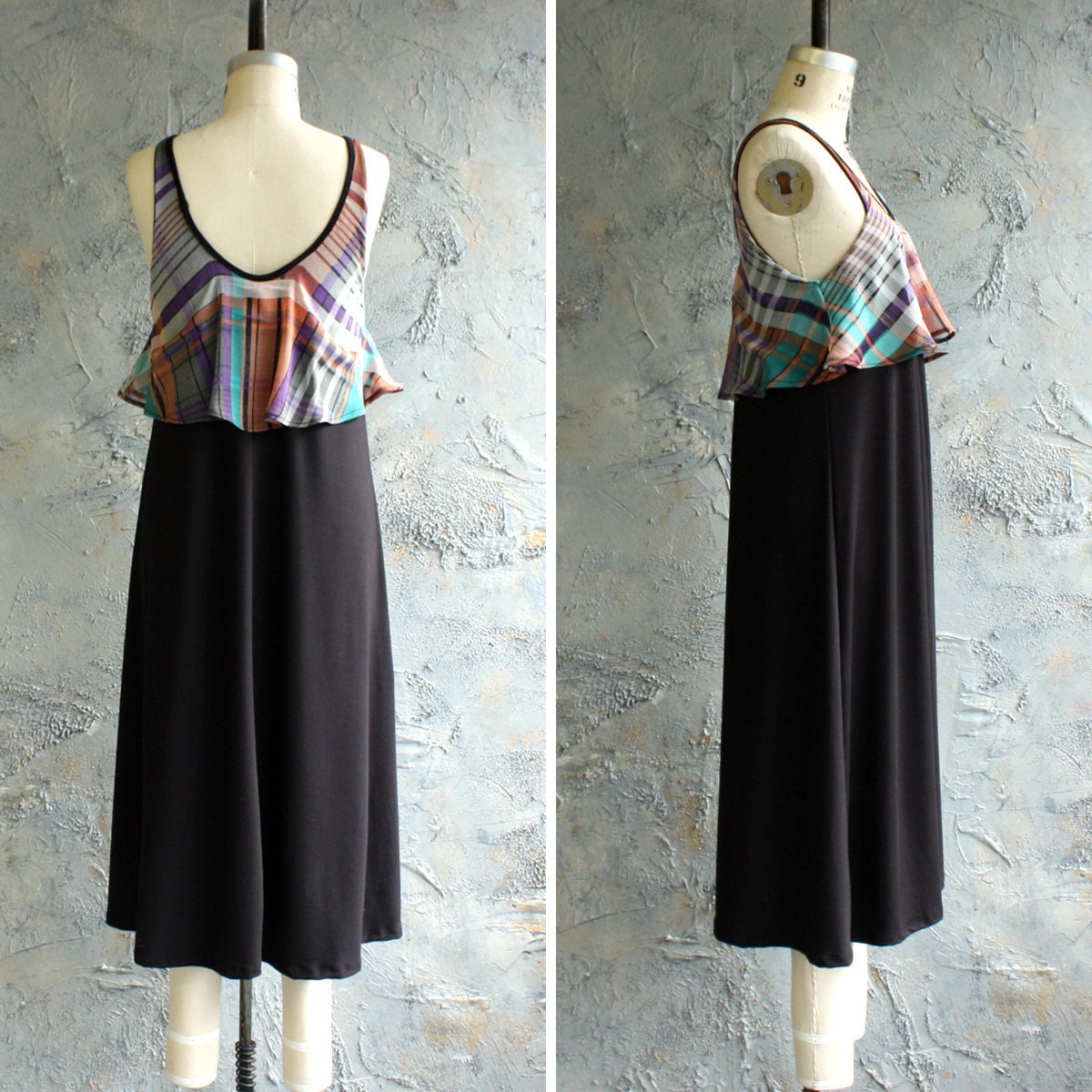 Layered Tank Dress in Black Bamboo Jersey and Plaid Chiffon - LAST ONE - M