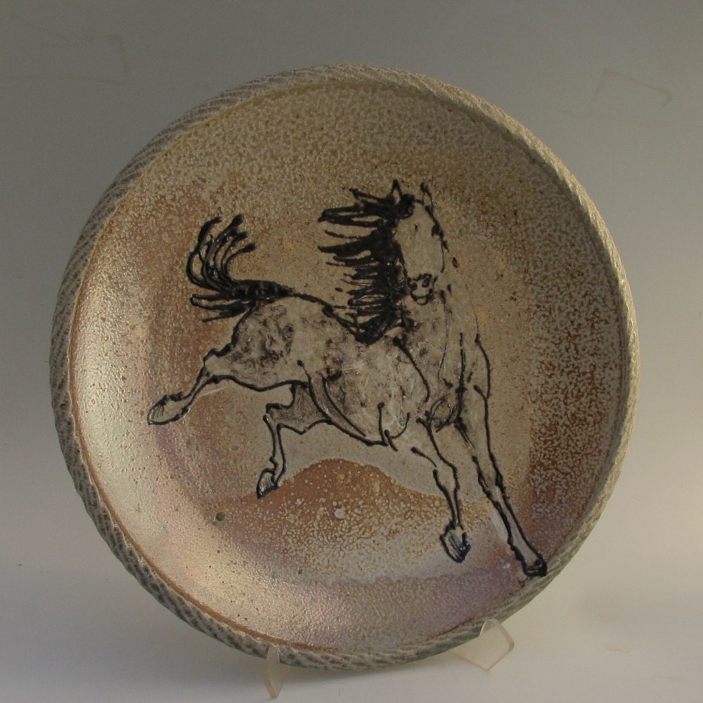 Large platter with horse wood fired salt glaze stoneware