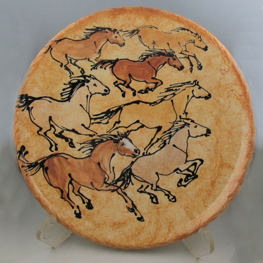 Plate with multiple horses stoneware pottery