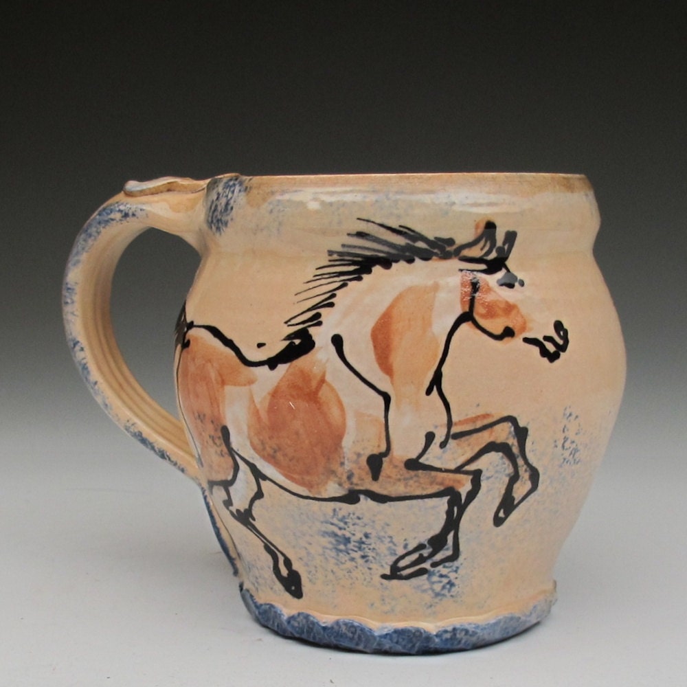 mug with paint horses stoneware pottery cup