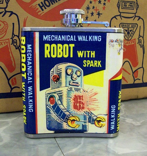 retro robot flask vintage 1950's tin toy outer space hip flask kitsch