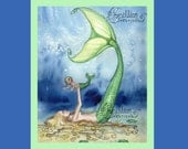 Mermaid Playing with Daughter from Original Watercolor Painting by Camille Grimshaw