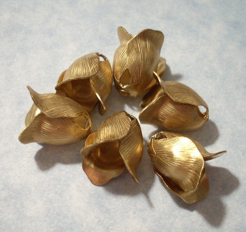 6 Brass Rose Bud Bead Caps 3D Brass Rose Charms