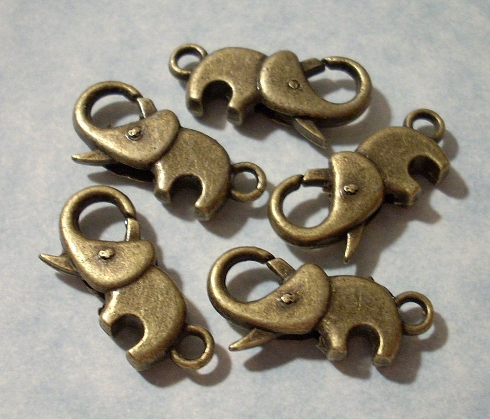 Elephant Lobster Clasps 24mm x 11mm - Antique Bronze Elephant Charms (5 pieces)