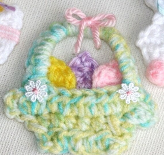 Crocheted Applique Pin Magnet Fridgie Easter Bunny chick egg basket
