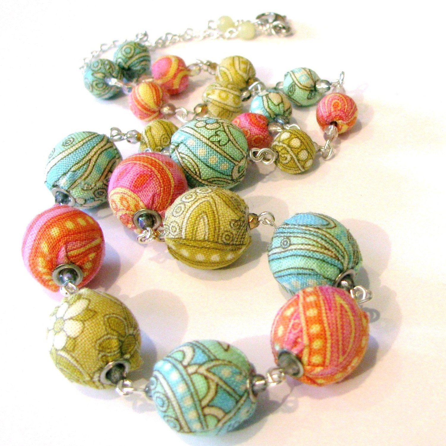 Fabric Necklace Beaded Jewelry "COLOR" tangerine pink, goldenrod yellow and robin egg blue