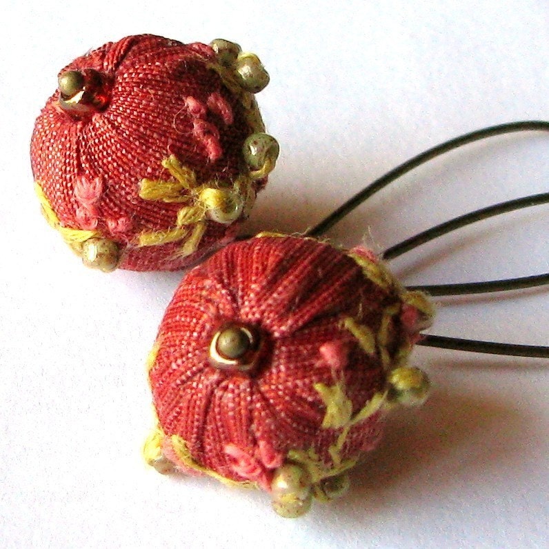 Repurposed Fabric Embroidered Embellished Earrings Beaded Jewelry "OLIVE BRANCH" coral yellow