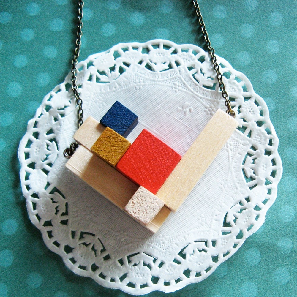 Necklace French Cubic Series - No. 3 - A heart of red, blue & mustard goes a long way.