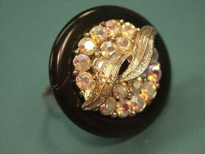 Unique one-of-a-kind adjustable handmade ring of vintage black bakelite plastic and metal jewelry parts