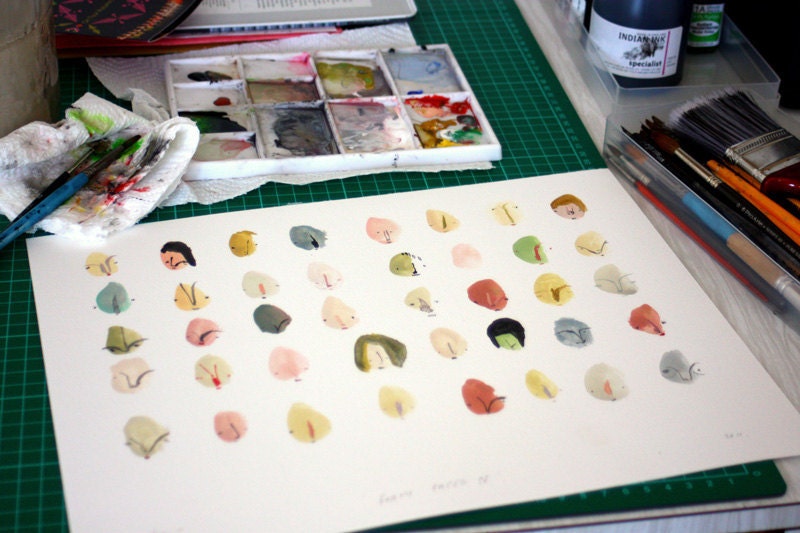 Forty Faces IV Original gouache and ink illustration