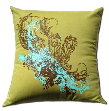 Green Peacock Feathers Pillow