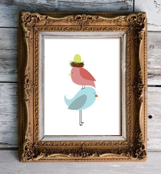 birdie parents stacked  - nursery art print